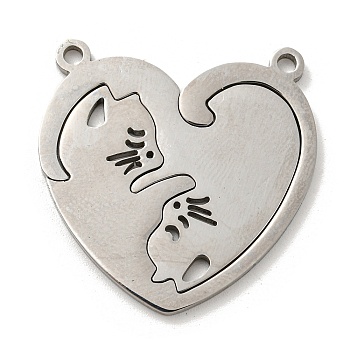304 Stainless Steel Split Pendants, Heart with Cat Charm, Stainless Steel Color, 29.5x29x1.5mm, Hole: 2mm, 2pcs/set