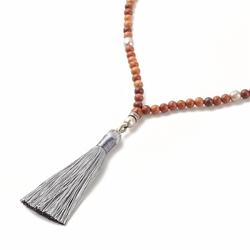 Buddhist Necklace, Natural Pearl & Wood Beads Necklace with Polyester Tassel Charm for Women, Coconut Brown, 25.98 inch(66cm)
