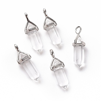 Bullet Glass Pointed Pendants, with Platinum Tone Brass Findings, Lead free and Cadmium Free, Clear, 28~29.5x9~9.5x8mm, Hole: 4.5x3mm