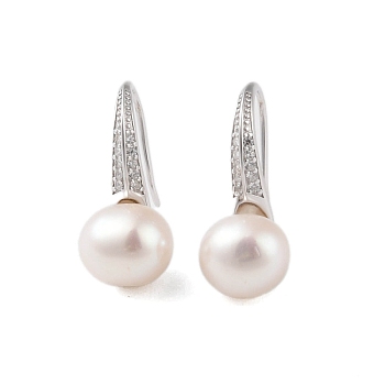 925 Sterling Silver Hoop Earring, with Cubic Zirconia and Natural Pearl, Platinum, 18x8.5mm