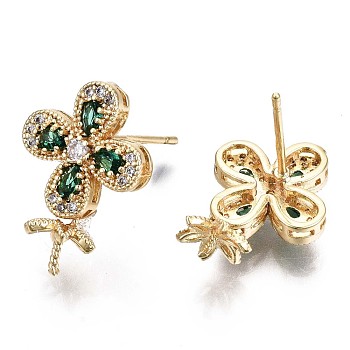 Brass Micro Pave Green Cubic Zirconia Stud Earring Findings, for Half Drilled Bead, Nickel Free, 4 Leaf Clover, Real 18K Gold Plated, 17.5x12.5mm, Pin: 0.7mm, Pin: 0.8mm(for half drilled beads)