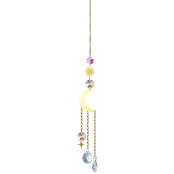 Glass & Brass Pendant Decorations, Hanging Suncatchers, for Home Decoration, Moon Pattern, 430mm
