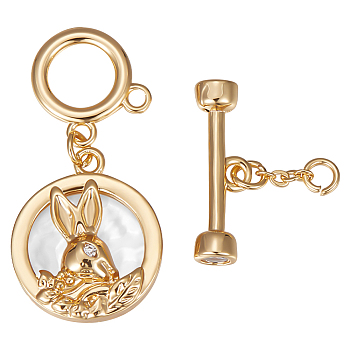 3Pcs Shell Toggle Clasps, with Brass Crystal Rhinestone Findings, Flat Round with Rabbit, Real 18K Gold Plated, 41.5mm, Flat Round: 17x15x3.5mm, O Clasps: 12x12x1mm, T Clasps: 5.5x18x4mm