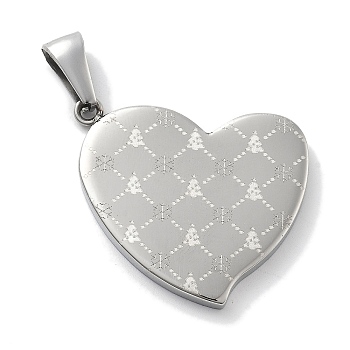 Christmas 304 Stainless Steel Pendants, Heart with Christmas Tree & Snowflake Charm, Stainless Steel Color, 32x30.5x3mm, Hole: 8x3mm