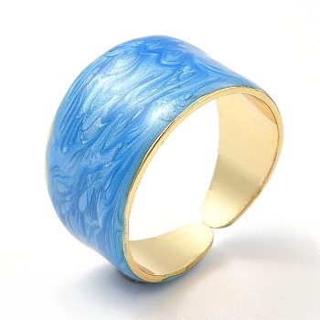 Enamel Plain Band Open Cuff Rings, Real 18K Gold Plated Brass Jewelry for Women, Deep Sky Blue, US Size 7 1/4(17.5mm)
