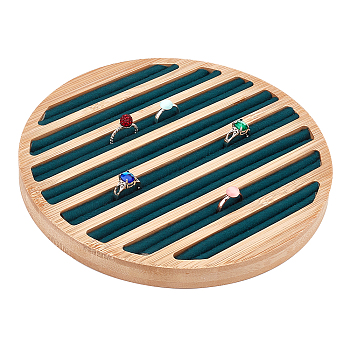 8-Slot Flat Round Bamboo Finger Ring Display Plates, Earring Organizer Holder with Velvet, Dark Green, 20.1x1.75cm