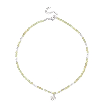 Brass Clover Pendant Necklace, Natural Peridot & Synthetic Hematite Beaded Necklace, Platinum, 16.50 inch(41.9cm)