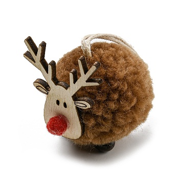 Christmas Themed Plush & Wood Deer Ball Pendant Decoration, Jute Rope Hanging Ornament, Peru, 108mm