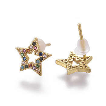 Brass Cubic Zirconia Stud Earrings, Star, Colorful, Golden, 9.5x10x2mm, Pin: 0.8mm