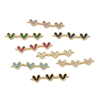 Rack Plating Brass Connector Charms, Triple Heart Links with Cubic Zirconia & Glass, Lead Free & Cadmium Free, Real 18K Gold Plated, Long-Lasting Plated, Mixed Color, 42~43x8x2.5mm, Hole: 1.2~1.4mm