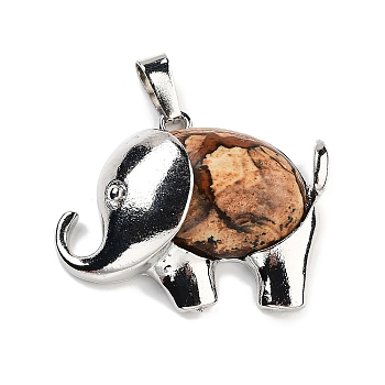 Natural Picture Jasper Pendants, Elephant Charms with Alloy Findings, Platinum, 29x37~37.5x9.5~10mm, Hole: 3x9mm