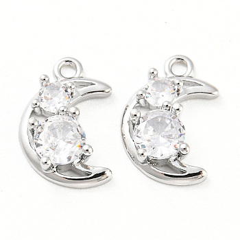 Clear Glass Charms, with Brass Finding, Crescent Moon, Real Platinum Plated, 11x7x2.5mm, Hole: 1mm