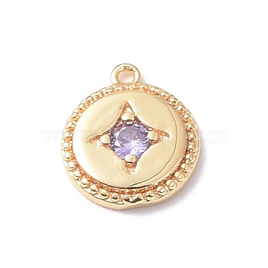 Real 18K Gold Plated Lilac Flat Round Brass+Glass Pendants