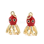 Brass Enamel Pendants, Octopus Charms, Golden, FireBrick, 19~20x12.5x11.5mm, Hole: 3mm, Jump Ring: 5x0.8mm, Inner Diameter: 3mm(KK-Q077-13G)