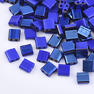 2-Hole Glass Seed Beads, Half Blue Plated Colours, Square, Blue, 5x4.5~5.5x2~2.5mm, Hole: 0.5~0.8mm, about 118pcs/10g(X-SEED-S031-L-048-L)