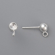 201 Stainless Steel Ball Stud Earring Post, Earring Settings for Pointed Back Rhinestone, with Loops and 304 Stainless Steel Pins, Silver, Tray: 4mm, 15.5x6x4.5mm, Hole: 2mm, Pin: 0.8mm(STAS-H410-09S-A)