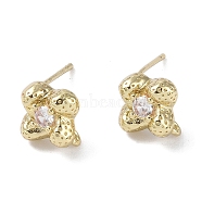 Brass with Cubic Zirconia Stud Earrings Findings, with 925 Sterling Silver Pins, Flower, Real 14K Gold Plated, 11x10x6mm, Hole: 1.2mm, Pin: 0.5x12mm(KK-B087-11G)