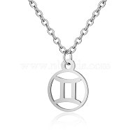 201 Stainless Steel Pendants Necklaces, Flat Round with Constellations, Gemini, 16.3 inch(40cm)x1mm(NJEW-S063-TN505-3)
