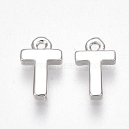 Brass Charms, Letter, Nickel Free, Real Platinum Plated, Letter.T, 8.5x5x1.5mm, Hole: 0.8mm(X-KK-S350-167T-P)