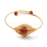 Rhombus with Natural Red Agate Cuff Bangle, Real 14K Gold Plated Brass Wrap Torque Bangles for Women, Lead Free & Cadmium Free, Inner Diameter: 2-3/8 inch(6cm)(BJEW-A122-01)