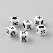 Opaque Acrylic Beads, Letter Style, Cube, Letter.K, 6x6x6mm, Hole: 3mm, about 3000pcs/500g(SACR-Q188-02K)