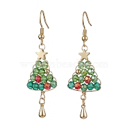 Brass Dangle Earring, with Glass Beads and Brass Earring Hooks, Christmas Tree, Golden, Light Green, 56x17.5mm(EJEW-TA00531)