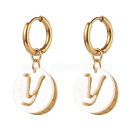 304 Stainless Steel Huggie Hoop Earrings, with Natural Shell Charms, Flat Round with Letter, White, Golden, Letter.Y, 31mm, Pin: 1mm(EJEW-JE04532-04)