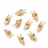Brass Charms, Peace Hand Charms, Nickel Free, Palm, Gesture Language, for Victory, Real 18K Gold Plated, 13.5x6x5mm, Hole: 1.2mm(KK-Q277-028-NF)