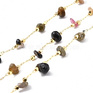 Handmade Beaded Chain, with Brass Cable Chain & Chip Natural Tourmalinated Quartz Link Chain, Long-Lasting Plated, Soldered, Golden, 3~8x3~16mm, 32.80Feet/roll(10m/roll)(CHC-D027-01G-03)