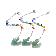 Natural Green Aventurine Cone Dowsing Pendulum Pendants, with Chakra Gemstone Round Beads, Rack Plating Platinum Tone Brass Findings & Chains, 235mm(G-G983-04P-03)