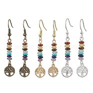 3 Pairs 3 Color Natural & Synthetic Mixed Gemstone Disc Beaded Dangle Earrings, Tree of Life Alloy Long Drop Earrings, Mixed Color, 50x10mm, 1 Pair/color(EJEW-JE05643)