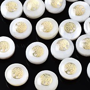 Freshwater Shell Beads, Golden Metal Enlaced, Flat Round with Tree, White, 8.5x3.5~5mm, Hole: 0.8mm(SHEL-T018-20)