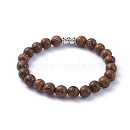 Wood Beads Stretch Bracelets, with Tibetan Style Alloy Tube Bails, Round, 2-1/4 inch(5.8cm), Beads: 8~8.5mm(BJEW-JB05048)