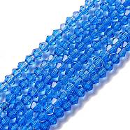 Imitation Austrian Crystal 5301 Bicone Beads, Faceted Glass Beads Strands, Blue, 3x3~3.5mm, Hole: 0.5mm, about 113~115pcs/strand, 36~36.5cm(GLAA-S026-3mm-02)