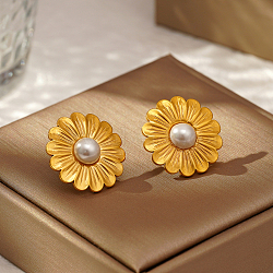 Stylish Stainless Steel & Imitation Pearl Flower Stud Earrings for Women's Daily Wear, Golden, 24.56mm(YI8349)