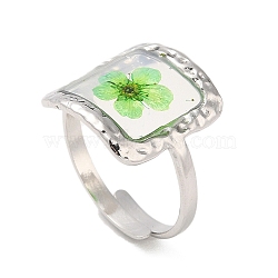 Pale Green Square Epoxy Resin with Dry Flower Adjustable Rings, 316 Surgical Stainless Steel Ring, Stainless Steel Color, Inner Diameter: 17mm(RJEW-G304-03P-02)