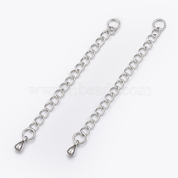 Tarnish Resistant 304 Stainless Steel Chain Extender, Curb Chains, with Teardrop Charms, Stainless Steel Color, 62x3mm, Hole: 3.5mm, Jump Rings: 4x0.8mm(STAS-K165-09A)