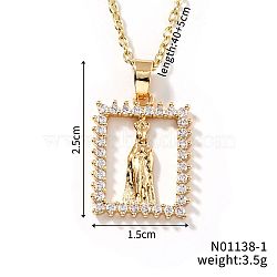 Shiny Brass Micro Pave Clear Cubic Zirconia Hollow Rectangle Vintage Statue Pendant Necklaces, Elegant Jewelry, Golden, 15.75 inch(40cm)(DN8896-1)