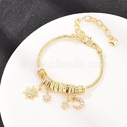 Brass Micro Pave Clear Cubic Zirconia European Beads Charm Bracelets, Snake Chain with Sun Star Heart Snowflake Charms Jewelry for Women, Long-Lasting Plated, Rack Plating, Lead Free & Cadmium Free, Real 18K Gold Plated, 6.85 inch(17.4cm)(BJEW-F528-04G)