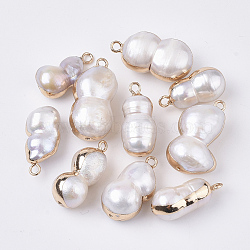 Natural Cultured Freshwater Pearl Pendants, with Half Hole and Brass Loop, Edge Plated, Calabash, Golden, Seashell Color, 19.5~26x9~14.5x8~12mm, Hole: 1.8mm, Half Hole: 0.9mm(X-BSHE-N008-01B)