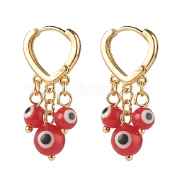 Evil Eye Lampwork Round Beads Dangle Hoop Earrings, Brass Heart Earrings for Girl Women, Golden, Red, 31x15mm, Pin: 1mm(EJEW-JE04826-05)