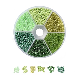 6 Colors 12/0 Glass Seed Beads, Opaque Colors Lustered & Silver Lined & Transparent & Ceylon, Round, Green, 12/0, 2mm, Hole: 1mm, 60g/box, about 3960pcs/box(SEED-X0052-03C-2mm)