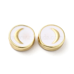 Rack Plating Alloy Enamel Beads, Flat Round with Moon, Golden, White, 10~10.5x4mm, Hole: 1.4mm(ENAM-F146-15G)
