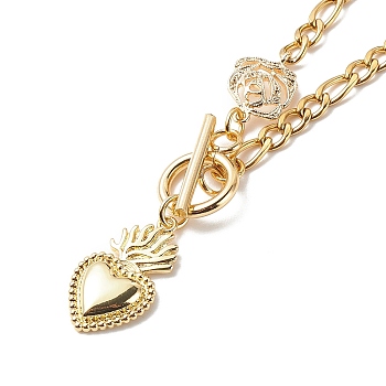 Heart & Rose Brass Pendant Necklace 304 Stainless Steel Chains for Women, Golden, 17.32 inch(44cm)
