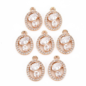 Rack Plating Brass Micro Pave Clear Cubic Zirconia Pendants, Long-Lasting Plated, Cadmium Free & Lead Free, Oval, Light Gold, 15.5x10.5x3mm, Hole: 1.2mm