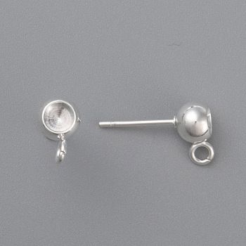 201 Stainless Steel Ball Stud Earring Post, Earring Settings for Pointed Back Rhinestone, with Loops and 304 Stainless Steel Pins, Silver, Tray: 4mm, 15.5x6x4.5mm, Hole: 2mm, Pin: 0.8mm