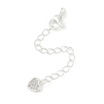 Brass Micro Pave Cubic Zirconia Ends with Chains, Heart, 925 Sterling Silver Plated, 74mm, Hole: 2.5mm