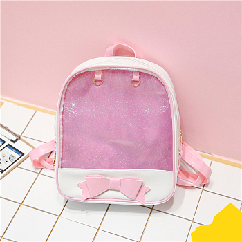Cute Bowknot PU Leather Backpacks, with Clear Window, for Women Girls, Pearl Pink, 31x27x10cm
