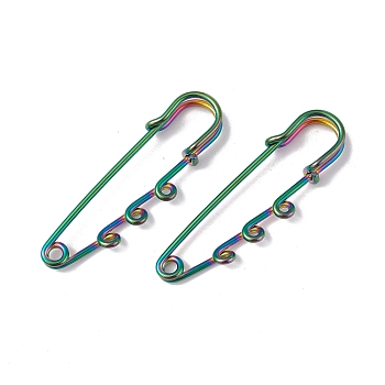 Ion Plating(IP) 304 Stainless Steel Safety Pins Brooch Findings, Kilt Pins with Triple Loops for Lapel Pin Making, Rainbow Color, 51x16x7mm, Hole: 1.8mm, pin: 1.3mm