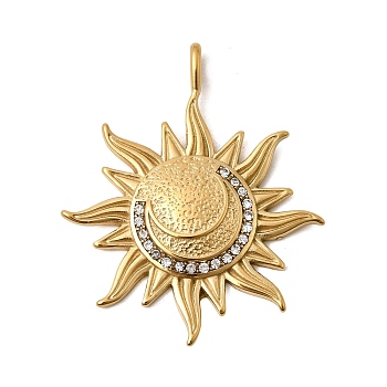 304 Stainless Steel & Clear Cubic Zirconia Pendants, Ion Plating(IP). Sun Charms, Real 18K Gold Plated, 43.5x36.5x4.5mm, Hole: 4.4x2mm